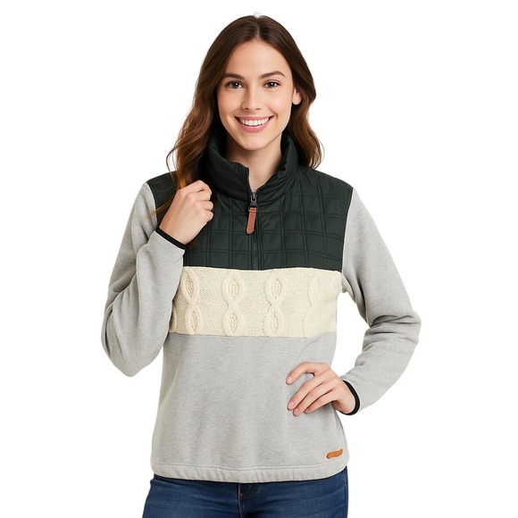 BKE Sweater XS Black Cream Cable Knit Gray Quarter Zip Logo Faux Fur Cozy Casual - Picture 1 of 12